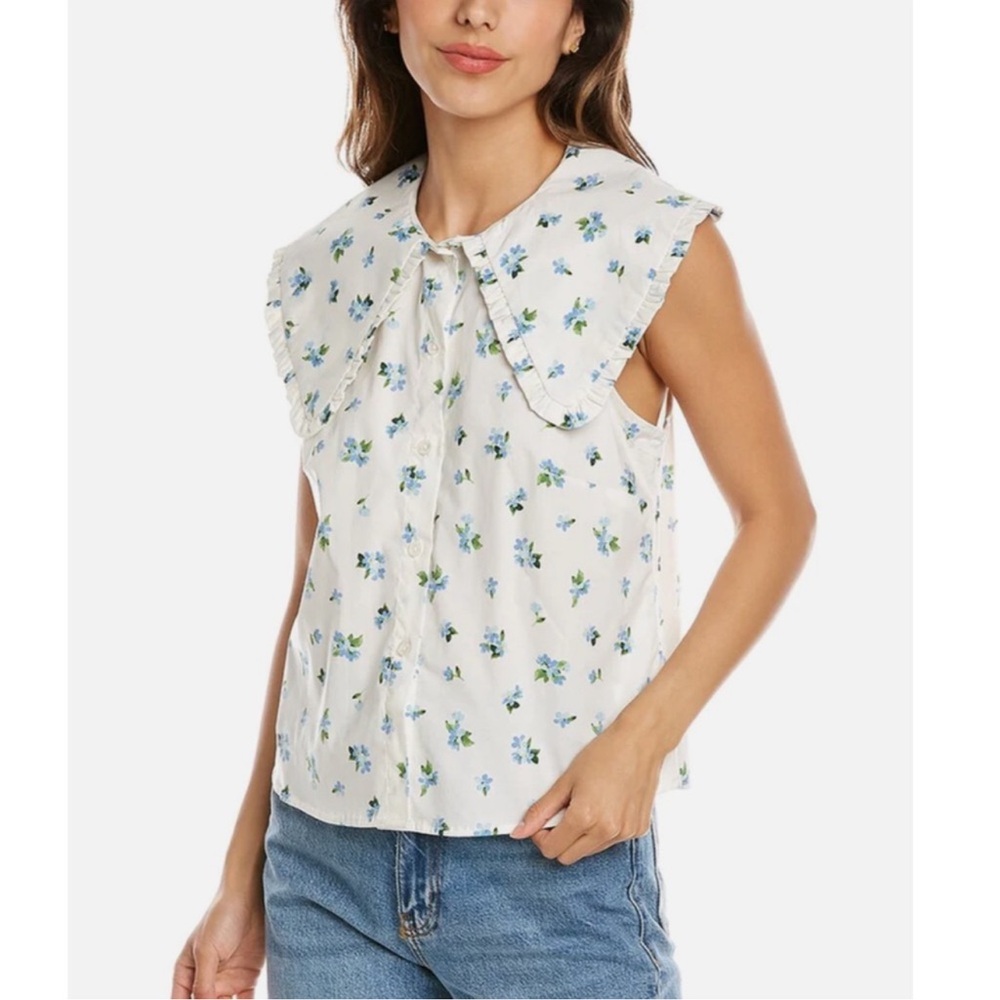 WeWoreWhat Ruffle Collar Button-Up Top Watercolor Ditsy In Ivory & Blue -Reemoly